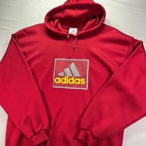 Vintage Adidas Hoodie Mens Large Red Pullover Fleece Sweatshirt White Tag 90s